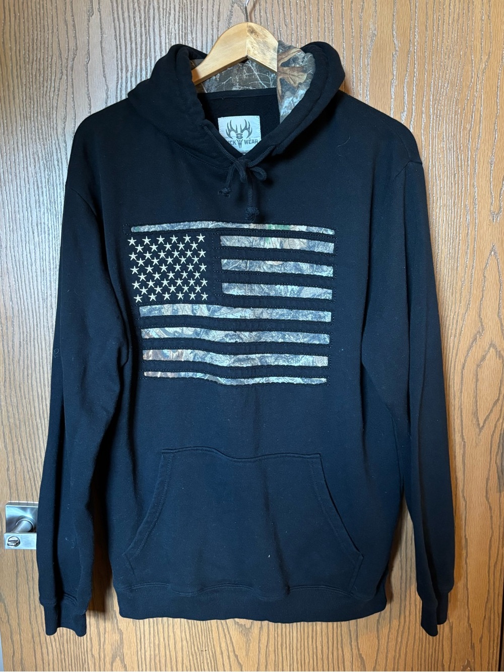 Men's Buck Wear Black Hoodie with Camo American Flag